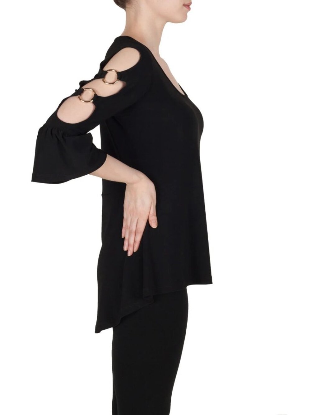 Joseph Ribkoff Black Top 6 Small Ring Cut Out Hi-Lo Blouse